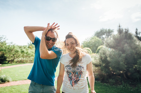 Close up funny beauty portrait of happy hipster couple