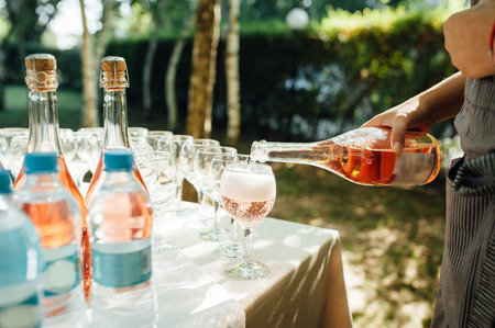 Delicious snacks on wedding reception table in luxury outdoor restaurantの写真素材