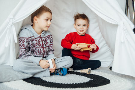 Two funny boys play together. Cute happy brothers smiling and having funの写真素材