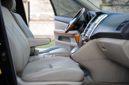 controls near the steering wheel in a modern carの写真素材