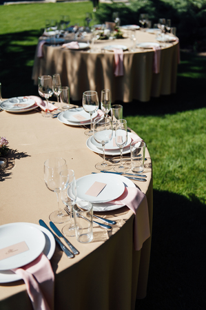 wedding table for guests in the forestの写真素材