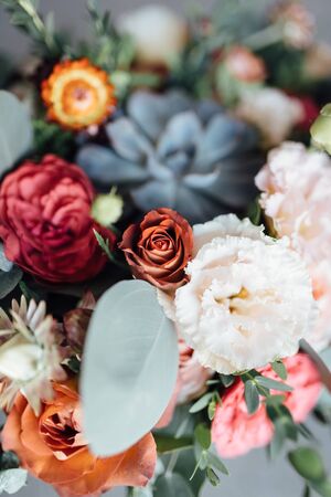 Bridal bouquet. The brides bouquet. Beautiful bouquet of white, blue, pink flowers and greeneryの写真素材
