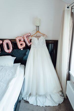 Wedding dress and accessories for the morning of the brideの写真素材