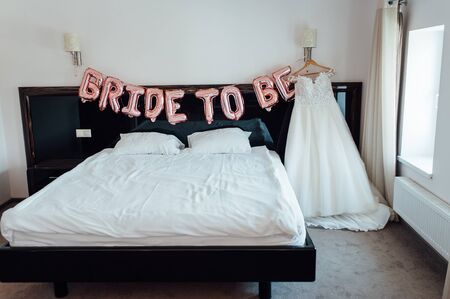 Wedding dress and accessories for the morning of the brideの写真素材