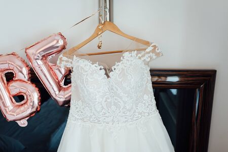 Wedding dress and accessories for the morning of the brideの写真素材