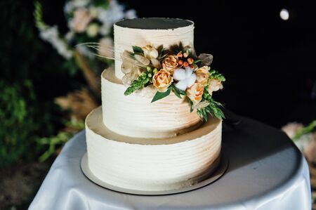 wedding cake three floors with fruit outside in the eveningの写真素材