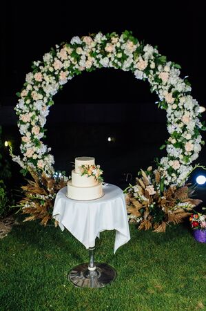 wedding cake three floors with fruit outside in the eveningの写真素材