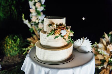 wedding cake three floors with fruit outside in the eveningの写真素材