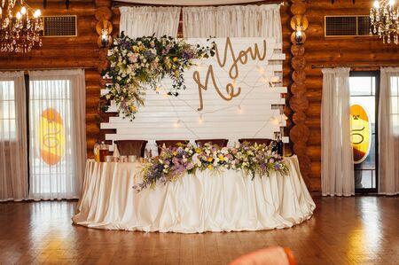 Luxurious wedding presidium in white with silver elements.の写真素材