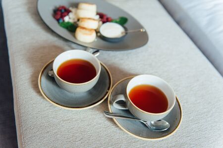 delicious breakfast for two on bed at the luxury hotel.の写真素材