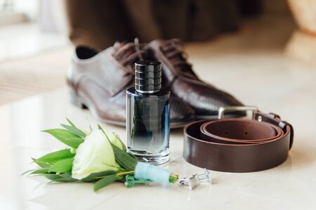 Set of groom clothes. Wedding rings, shoes, cufflinks and bow tie detalis fashionの写真素材