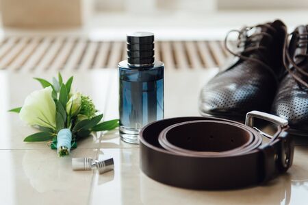 Set of groom clothes. Wedding rings, shoes, cufflinks and bow tie detalis fashionの写真素材
