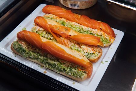 A wide variety of traditional tapas with seafood in Spain at the San Miguel marketの写真素材