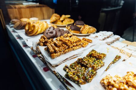 A wide variety of traditional tapas with seafood in Spain at the San Miguel marketの写真素材