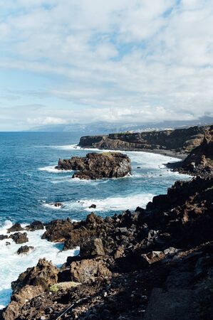 A powerful storm in the Atlantic Ocean in a bay on the coast of Tenerife. Northern Canary Island, Cape Charco De La Lajaの写真素材