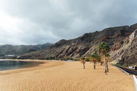 View from the height of the golden sand, palm trees, sun loungers, unrecognizable people on the beach Las Teresitas, Tenerife, Canaries, Spain. cloudy weatherの写真素材