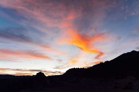 camera movement over the tops of the mountains with a beautiful sunset. Canary islands, Spain.の写真素材