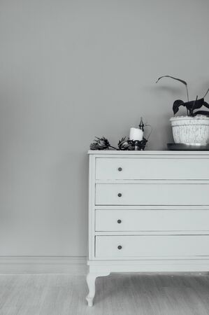 chic chest of drawers with home plants and decoration in a spacious roomの写真素材