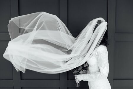 gorgeous bride with transparent veil on a background of blue wall. black and white photoの写真素材