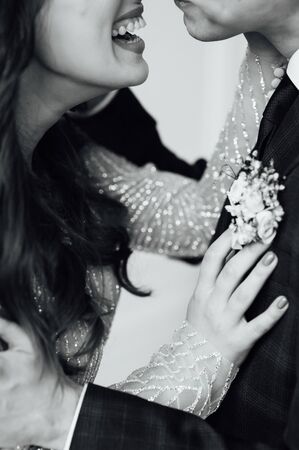 Young wedding couple outdoor. Groom and bride together