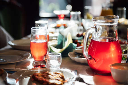 catering services background with snacks and glasses of wine on bartender counter in restaurantの写真素材