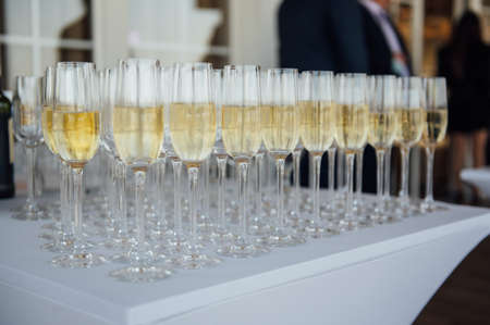 Glasses of champagne at the Banquet, white sparkling wine in wine glasses, festive moodの写真素材