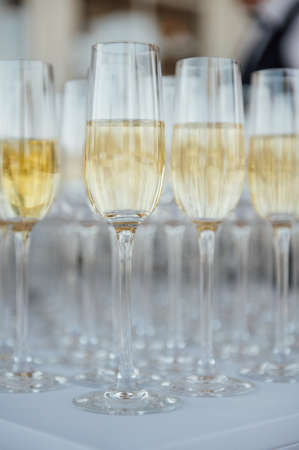 Glasses of champagne at the Banquet, white sparkling wine in wine glasses, festive moodの写真素材