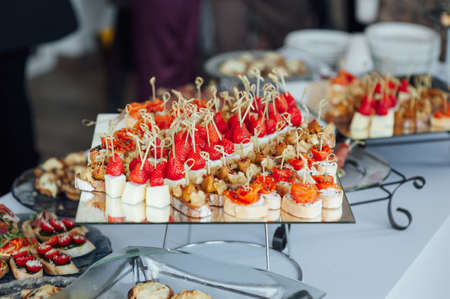Sandwiches, canapes and cakes on the festive table. A wide variety of snacksの写真素材