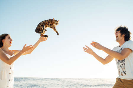 Cheerful young couple having fun on the beach with their bengal catの写真素材