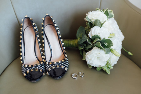 wedding shoes rings and bouquet marriage weddingの写真素材