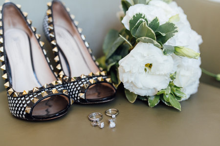 wedding shoes rings and bouquet marriage weddingの写真素材
