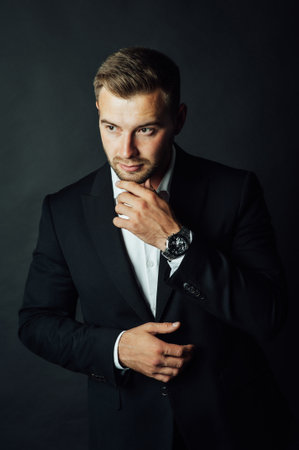Handsome male businessman with suit posing in a photo studio. Half-length portraitの写真素材