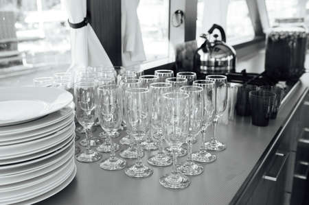 Glasses of champagne at the Banquet, white sparkling wine in wine glasses, festive moodの写真素材