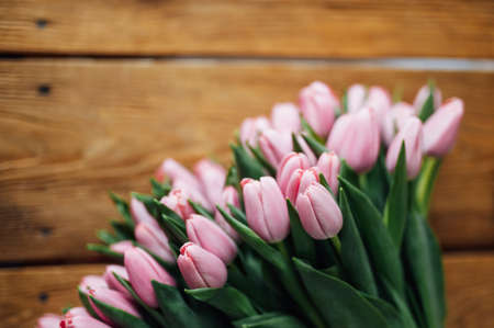 bouquet of tulips on wood table. Border designの写真素材
