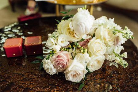 Bouquet of flowers of peonies and roses . Wedding bouquet of the bride.の写真素材