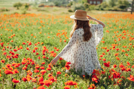 Girl wearing white dress and straw hat walks among red poppy flowers on the sunset.の写真素材