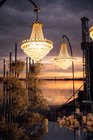Luxury wedding photo zone in the evening with lightsの写真素材