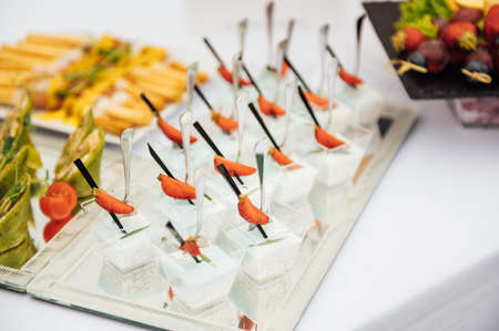 Sandwiches, canapes and cakes on the festive table. A wide variety of snacksの写真素材