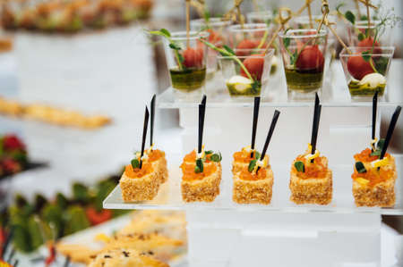 Sandwiches, canapes and cakes on the festive table. A wide variety of snacksの写真素材