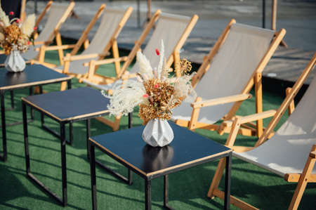 view of cozy cafe outdoors on the roofの写真素材