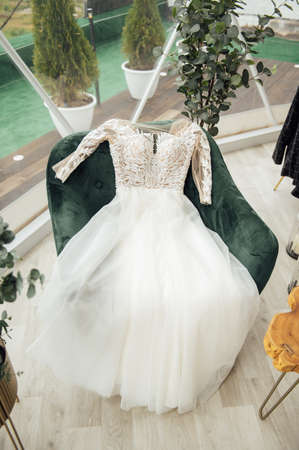 beautiful fashionable stylish expensive luxury wedding dress, closeup detailsの写真素材