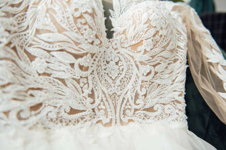 beautiful fashionable stylish expensive luxury wedding dress, closeup detailsの写真素材