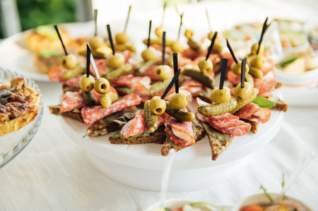 Buffet table of reception with cold snacks, meat and saladsの写真素材