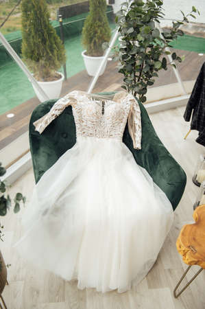 beautiful fashionable stylish expensive luxury wedding dress, closeup detailsの写真素材