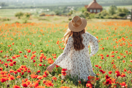 Girl wearing white dress and straw hat walks among red poppy flowers on the sunset.の写真素材