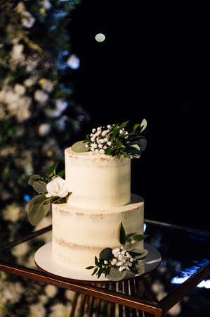 Beautiful wedding cake with flowers and a large wedding arch.の写真素材