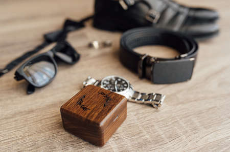 Set groom Bow tie, shoes Belts Cufflinks Watches Mens Accessoriesの写真素材
