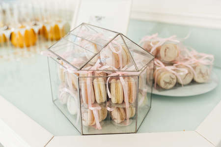 Delicious pink macaroons for guests. wedding ceremonyの写真素材