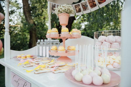 Baby birthday. French macaroons on a cake stand .Candy bar with macaron, cakes, cheesecakes, cake pops.の写真素材
