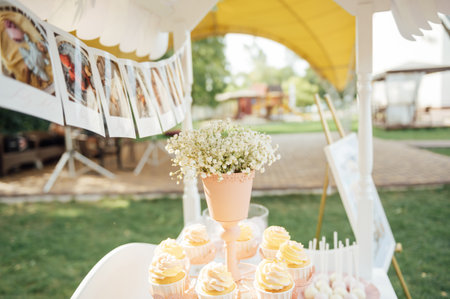 Baby birthday. French macaroons on a cake stand .Candy bar with macaron, cakes, cheesecakes, cake pops.の写真素材